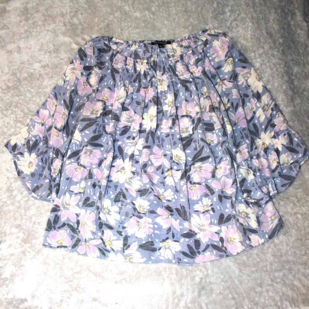 ZAC & RACHEL Blouse Womens L Blue Off The Shoulder Bell Sleeve Floral Ruffle